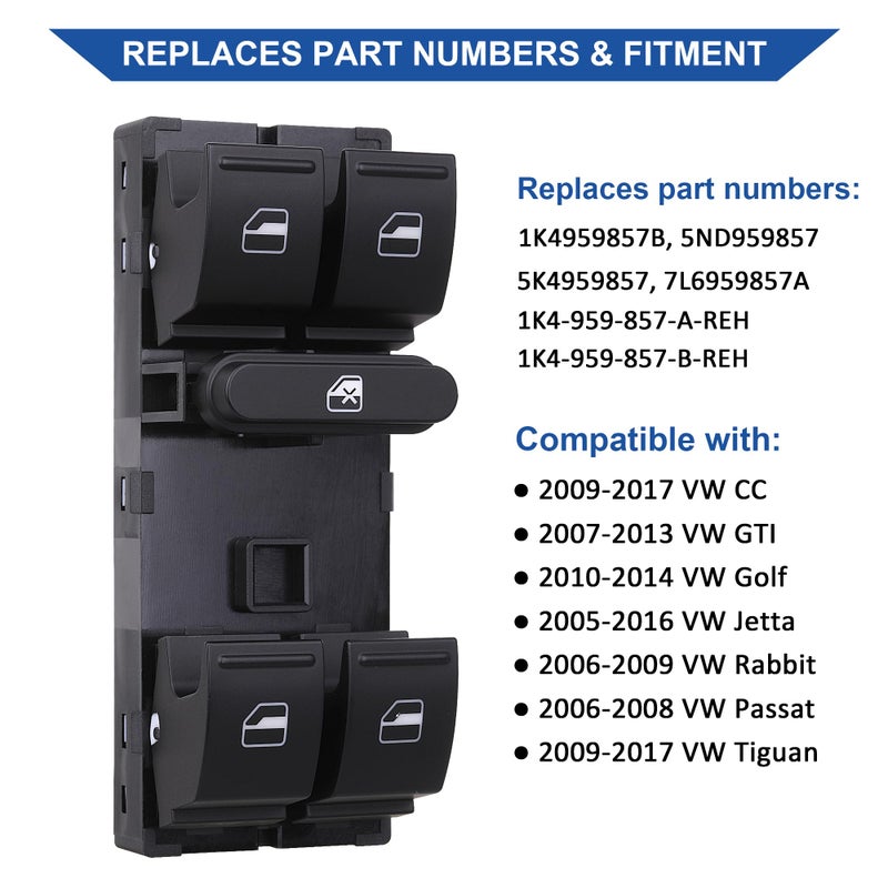 AiYiGu Driver Side Power Master Window Switch, Compatible with 2005-2014 VW Jetta/Golf/Passat | CC/Tiguan/Rabbit/GTIï¼ŒReplace 1K4959857, 5ND959857, 5K4959857 - Image 4